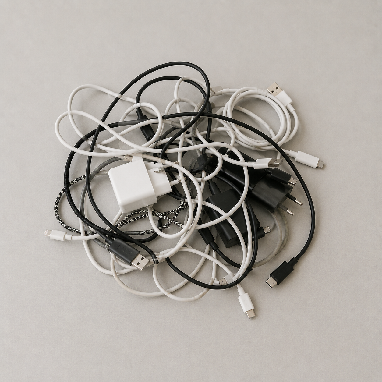 Câbles et chargeurs emmêlés